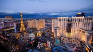 aerial view of Las Vegas, Nevada, USA in the evening with lights planet hollywood